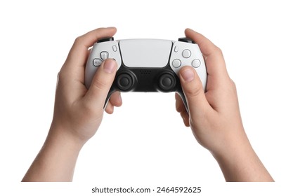 Woman using wireless game controller on white background, closeup