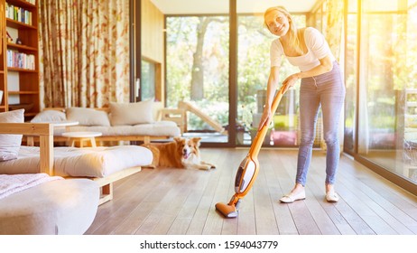 Woman With Vacuum Cleaner And Dog In The Living Room Vacuuming Dog Hair