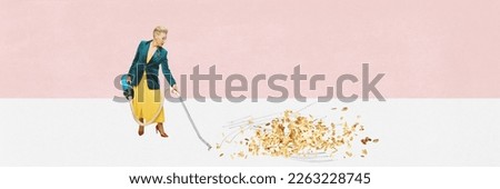 Woman with vacuum cleaner and granola. Food pop art photography. Surrealism. Contemporary art collage. Concept of creativity, degustation, surreal art, retro style. Banner with copy space for ad