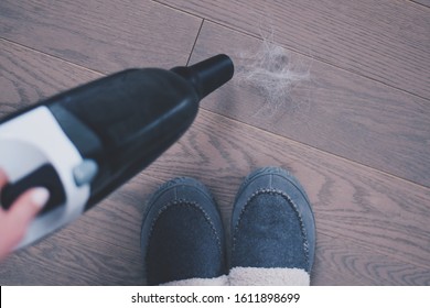 Woman Is Vacuuming Pet Hair From A Hardwood Floor With A Cordless Portable Vacuum Cleaner