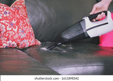 Woman Is Vacuuming Pet Hair From A Leather Couch With A Cordless Portable Vacuum Cleaner