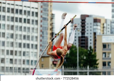 Woman Vaulter Jump On Competition In Pole Vault