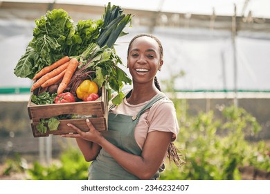 Woman, vegetables box and agriculture, sustainability or farming for supply chain or agro business. African farmer in portrait with harvest and gardening for NGO, nonprofit food or groceries basket