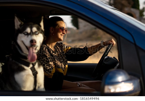 Woman in
vehicle interior with her Siberian Husky
dog.