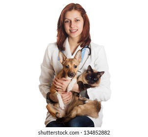 Woman Vet With Pets On A White Background Isolated