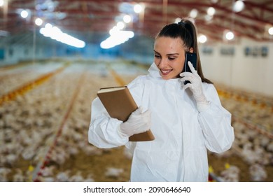 Woman Veterinarian Inspecting Poultry In Chicken Farm