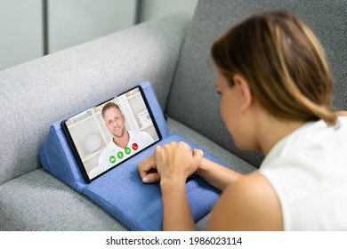 Woman Video Chat On Tablet Using Webcam