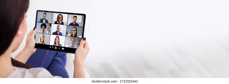 Woman In Video Conferencing Call On Tablet. Webinar Conference