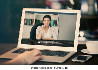 Woman Video Conferencing With Lawyer On Laptop. Video Call And Online Service Concept.