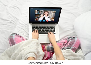 Woman Video Conferencing With Tutor On Laptop At Home. Distance Education Concept.