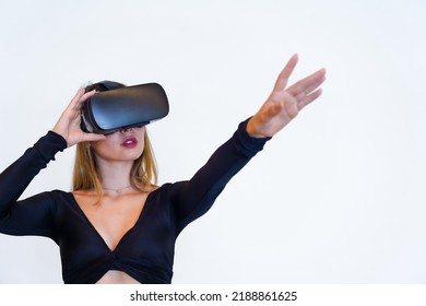 Woman With Virtual Reality Glasses On White Background, Futuristic Concept, Metaverse, Parallel Virtual Life