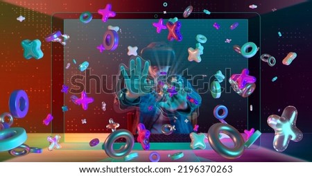 Woman with virtual reality glasses sitting at her desk putting her hands on the screen to play with 3-dimensional geometric shapes floating in cyberspace