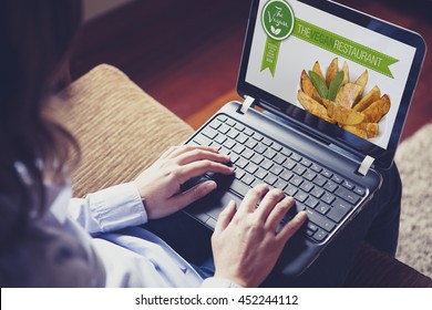 Woman Visiting A Vegan Restaurant Website With A Laptop At Home.