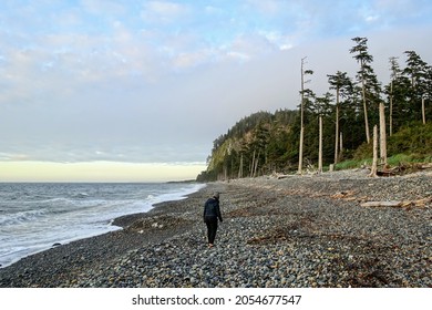 A woman walking along agate beach with the waves crashing to shore and the sun setting, with tow hill in the background, on a beautiful evening on Agate Beach, Haida Gwaii, British Columbia, Canada - Powered by Shutterstock