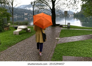 Woman walking along the lake in the rain with an umbrella. - Powered by Shutterstock