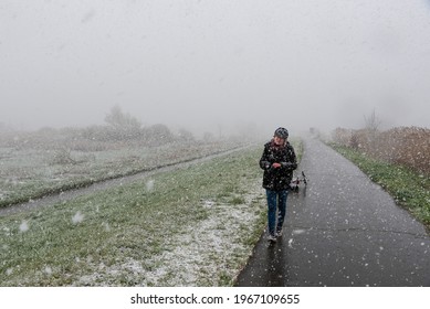 Woman Walking An Asphalt Road Through A Wetland Nature Reserve With Bare Trees, Grass And A Snow Storm