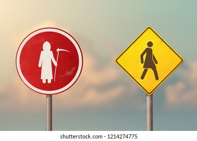 Woman Walking Away From A Grim Reaper. Road Sign