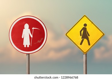 Woman Walking Away From A Grim Reaper. Road Sign