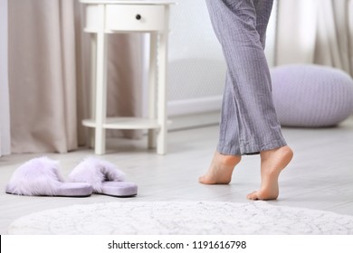 Woman Walking Barefoot At Home, Space For Text. Floor Heating