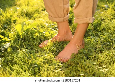 Woman walking barefoot on green grass outdoors, closeup - Shutterstock ID 2183157231