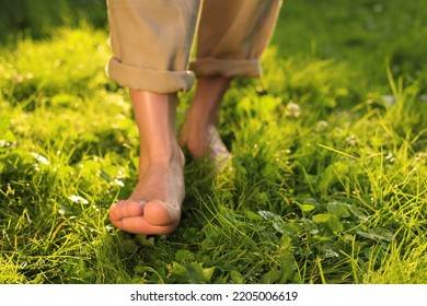 Woman walking barefoot on green grass outdoors, closeup - Shutterstock ID 2205006619