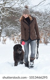 Woman Walking Dog In Snow