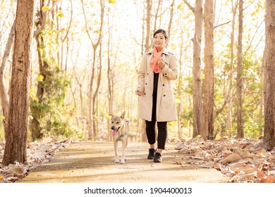 A Woman Walking A Dog In The Woods