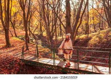 Woman walking down the bridge over a stream on the forest path covered with colorful fallen leaves, enjoying spending sunny autumn day outdoors in nature
