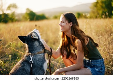 Woman Walking Her Husky Dog And Smiling Happily With Teeth On A Nature Walk On The Grass In The Autumn Sunset, Lifestyle Dog Friend