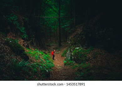 Woman Walking In The Mystic Magic Deep Forest