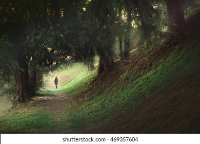 Woman Walking In The Mystic Magic Deep Forest