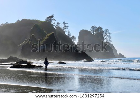 Woman walking on beach with sea stack rocks in fog. Summer  travel on Olympic Peninsula. Forks. La Push. Washington State. United States of America