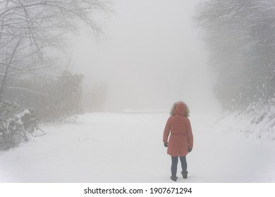 Woman Walking On Blue Ridge Parkway In The Snow Surrounded By Forest On The Pathway.