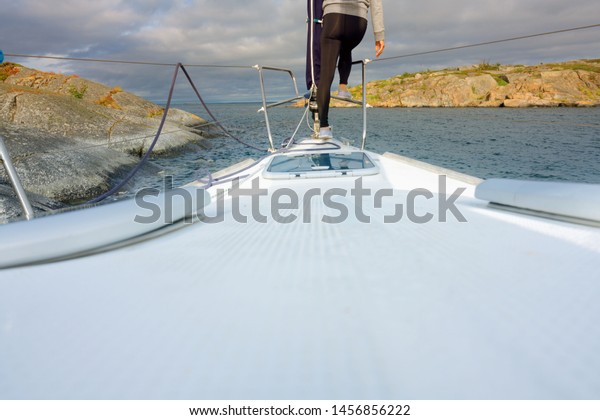 Woman Walking On Sailboat Get Ready Stock Photo Edit Now 1456856222