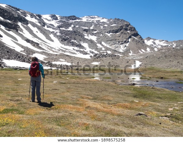 Woman walking in the Sierra Nevada National\
Park, Spain. Traveling woman with backpack hiking in the mountains.\
Mountaineering sport lifestyle\
