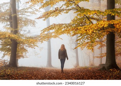 Woman walks in autumn misty forest. Moody atmosphere in foggy woodland at fall season - Powered by Shutterstock