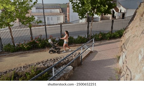 A woman walks down a sunlit path pushing a baby stroller in a peaceful suburban neighborhood, surrounded by greenery and flowers. She seems to be enjoying the fresh air and pleasant weather. - Powered by Shutterstock