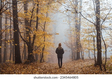 Woman walks at foggy autumn forest. Moody atmosphere in misty woodland at fall season - Powered by Shutterstock