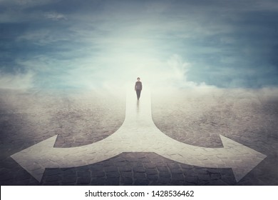 Woman Walks In Front Of A Crossroad Split In Two Different Ways As Arrows Lead To Left Or Right Side. Choosing Correct Pathway. Life Dilemma, Difficult Decision Concept.