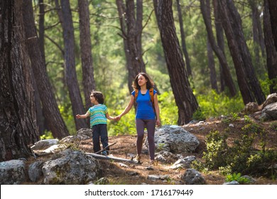 A woman walks with her son through the forest, The boy with his mother go hiking, A child with a backpack is in the park, Travel with children, The kid holds mom's hand, Mountain trail, Mothers Day. - Shutterstock ID 1716179449