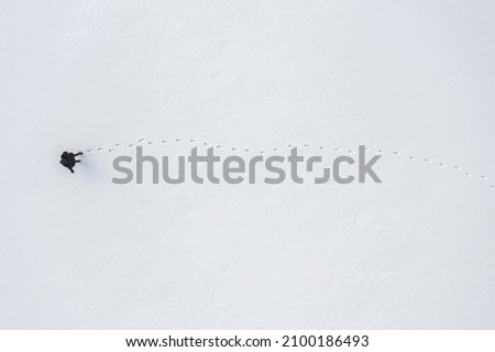 a woman walks through fresh snow leaving footprints, top aerial view, winter outdoor activity background with copy space