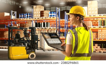 Woman warehouse manager. Girl inside storage hangar. Factory storage area with shelving. Industrial building with boxes and barrels. Woman storekeeper with laptop. Forklift drives around warehouse