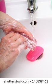 Woman Wash Red Soapy Hands In Bathroom Soap Nail Brush Person Scrubbing Nails