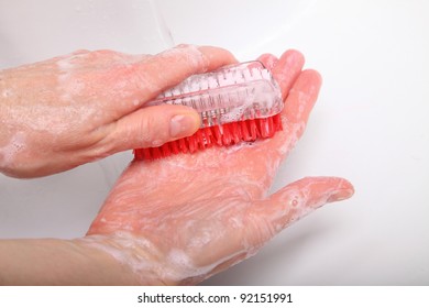 Woman Wash Red Soapy Hands In Bathroom Soap Nail Brush Person Scrubbing Nails