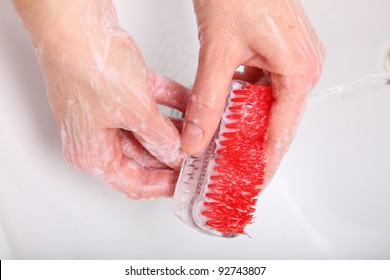 Woman Wash Red Soapy Hands In Bathroom Soap Nail Brush Person Scrubbing Nails