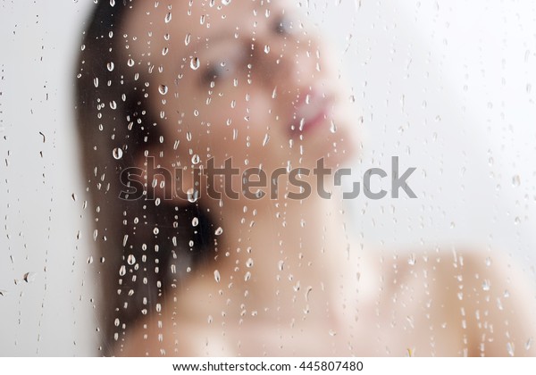 Woman Washing Behind Weeping Glass Shower Stock Photo Edit Now