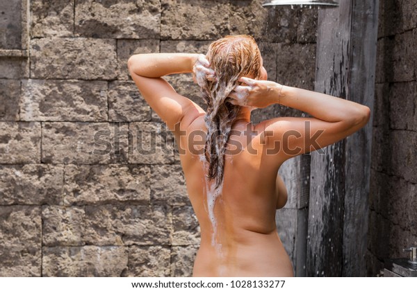 Woman Washing Hair Outdoor Shower Stock Photo Edit Now 1028133277