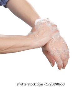 Woman Washing Hands With Anti Bacteria Soap Isolated On White Background.         