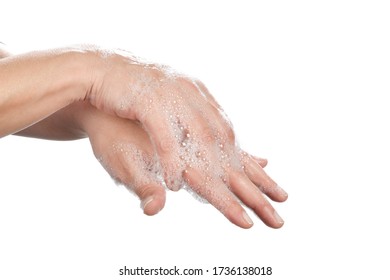 Woman Washing Hands With Anti Bacteria Soap Isolated On White Background.         