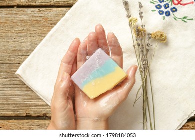 Woman Washing Hands With Natural Colorful Soap Bar.

